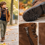 une photo d'un garçon portant des bottines avec une tenue automnale, complétée par un visuel rapproché montrant la semelle, la fermeture et la matière de la chaussure.